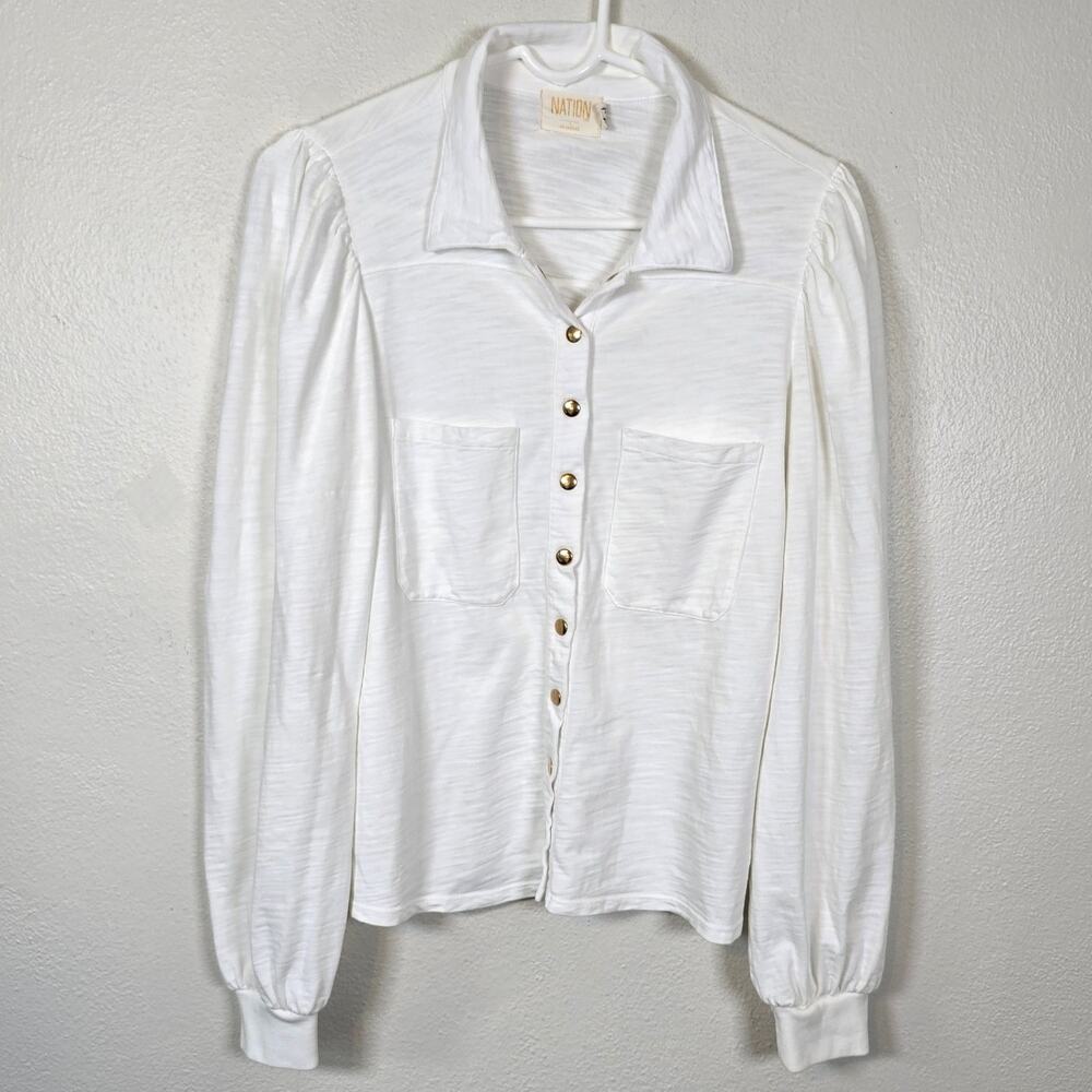 Nation LTD Desta Femme Top Women's M Optic White Snap Front Preppy Coastal Boho